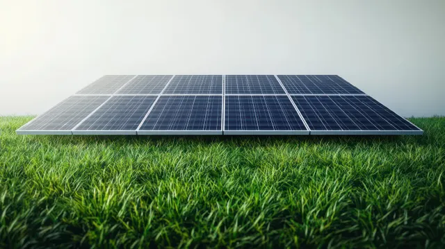 A ground-mounted solar panel array sits on green grass under soft morning sunlight.