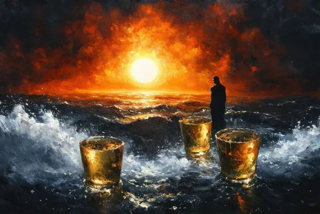 A solitary silhouette stands on foaming ocean waves as three glowing golden cups emerge beneath a fiery orange sunset.