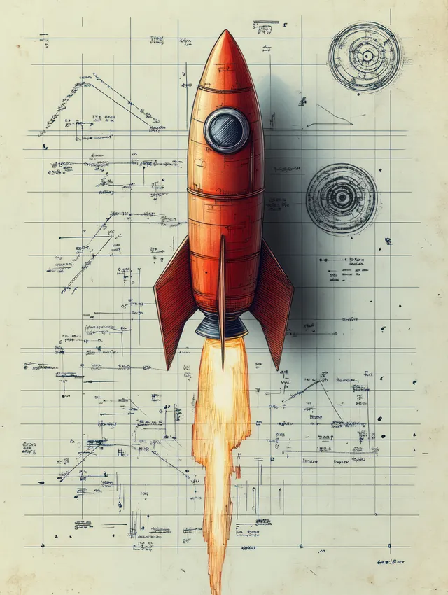 Red rocket lifting off over blueprint grid with blueprint lines and measurement annotations