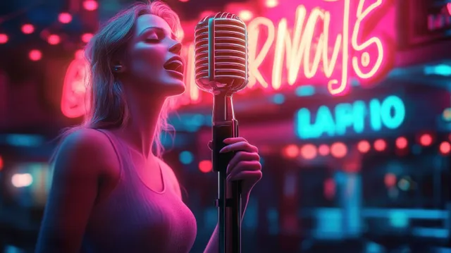 A young woman sings into a vintage microphone in a neon-lit karaoke bar with pink and blue lights behind her.