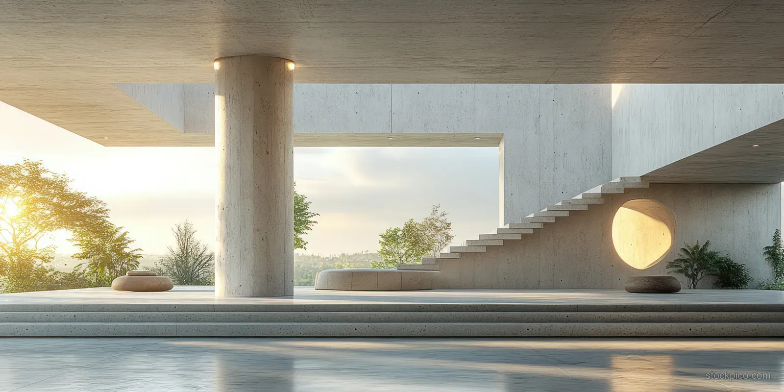 Empty minimalist concrete interior with a round pillar and soft indirect light casting gentle shadows across grey surfaces.