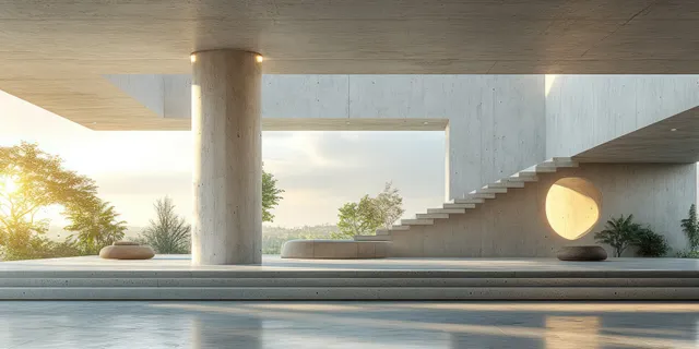 Empty minimalist concrete interior with a round pillar and soft indirect light casting gentle shadows across grey surfaces.