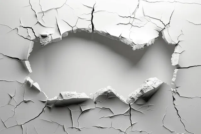 Cracked plaster wall with earthquake hole opening, fractured concrete texture, isolated white background