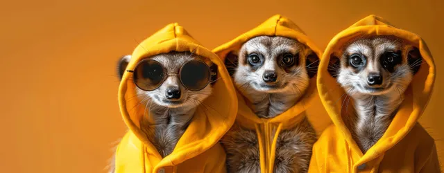 Three meerkats in yellow hoodies and round sunglasses pose against an orange background.