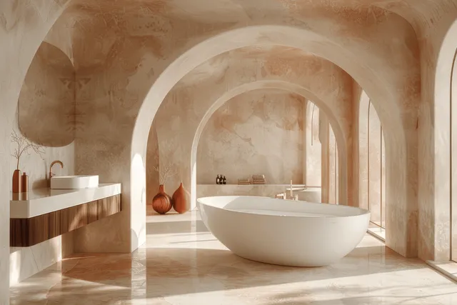 Sunlit modern bathroom with arched alcoves and freestanding white bathtub
