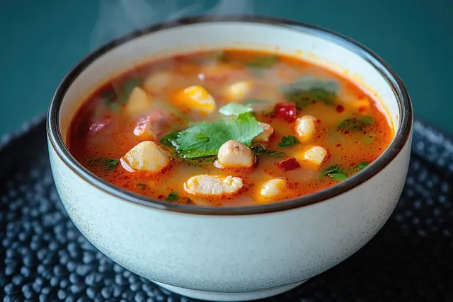 Tom Yum Soup with Shrimp and Herbs in White Bowl