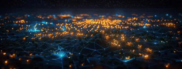 Smart green community at night with glowing network nodes linking connected homes