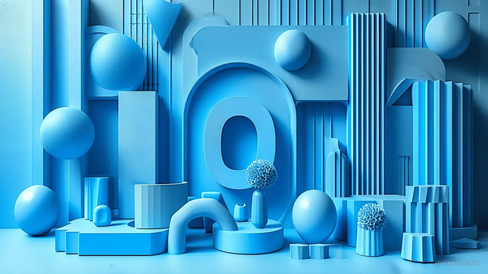 Blue abstract 3D geometric shapes with stacked pillars, spheres, and arch forms in a layered background.