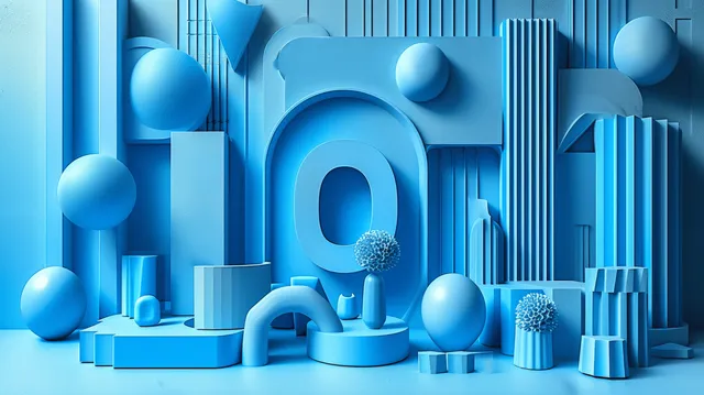 Blue geometric 3D render with stacked shapes and arches in abstract backdrop