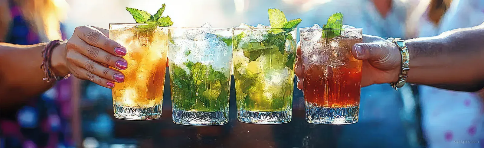 Friends clink colorful mojito drinks at a beach kiosk bar under bright summer sunshine.