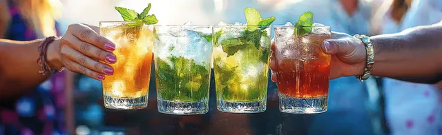 Friends clink mojito glasses at a beach kiosk bar during a sunny summer celebration