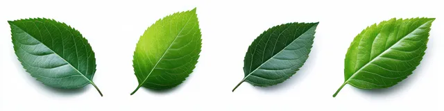 Four isolated green leaves with visible veins arranged in a row on a white background.