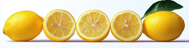 Whole and halved lemons with slices in a row on white background