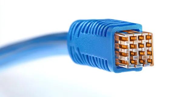 Blue Ethernet connector close-up with copper contact pins visible on a white background.