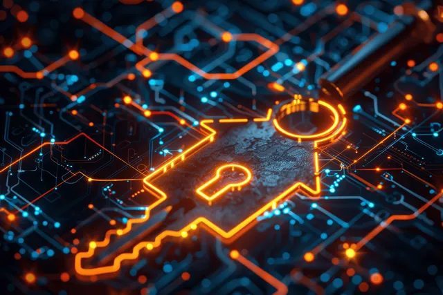 全息数字钥匙图标在带有橙色连接线的深色电路网络上发光。