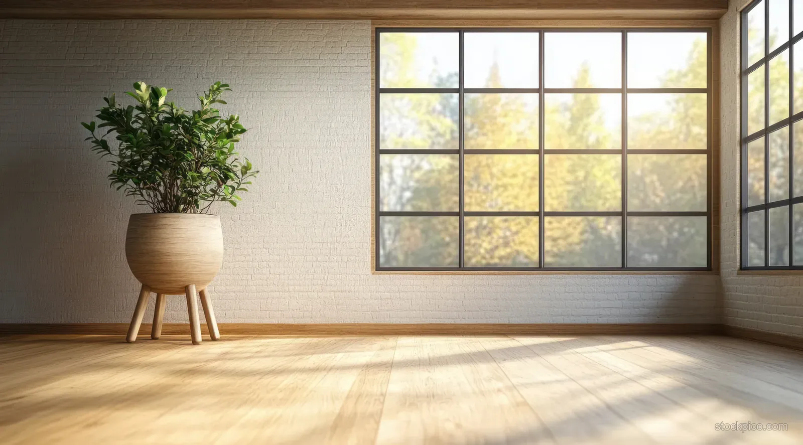 A potted plant on a wooden stand sits in a minimalist living room, illuminated by sunlight through large windows.