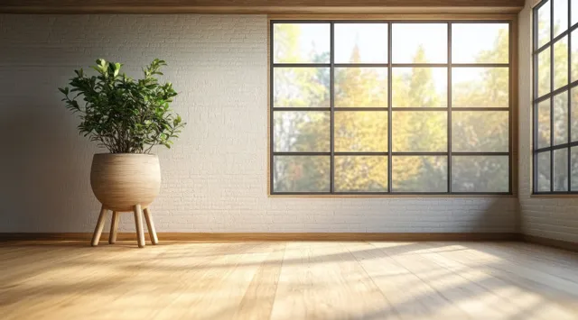 Minimalist living room corner with potted plant by large window, warm sunlight with Home Interiors