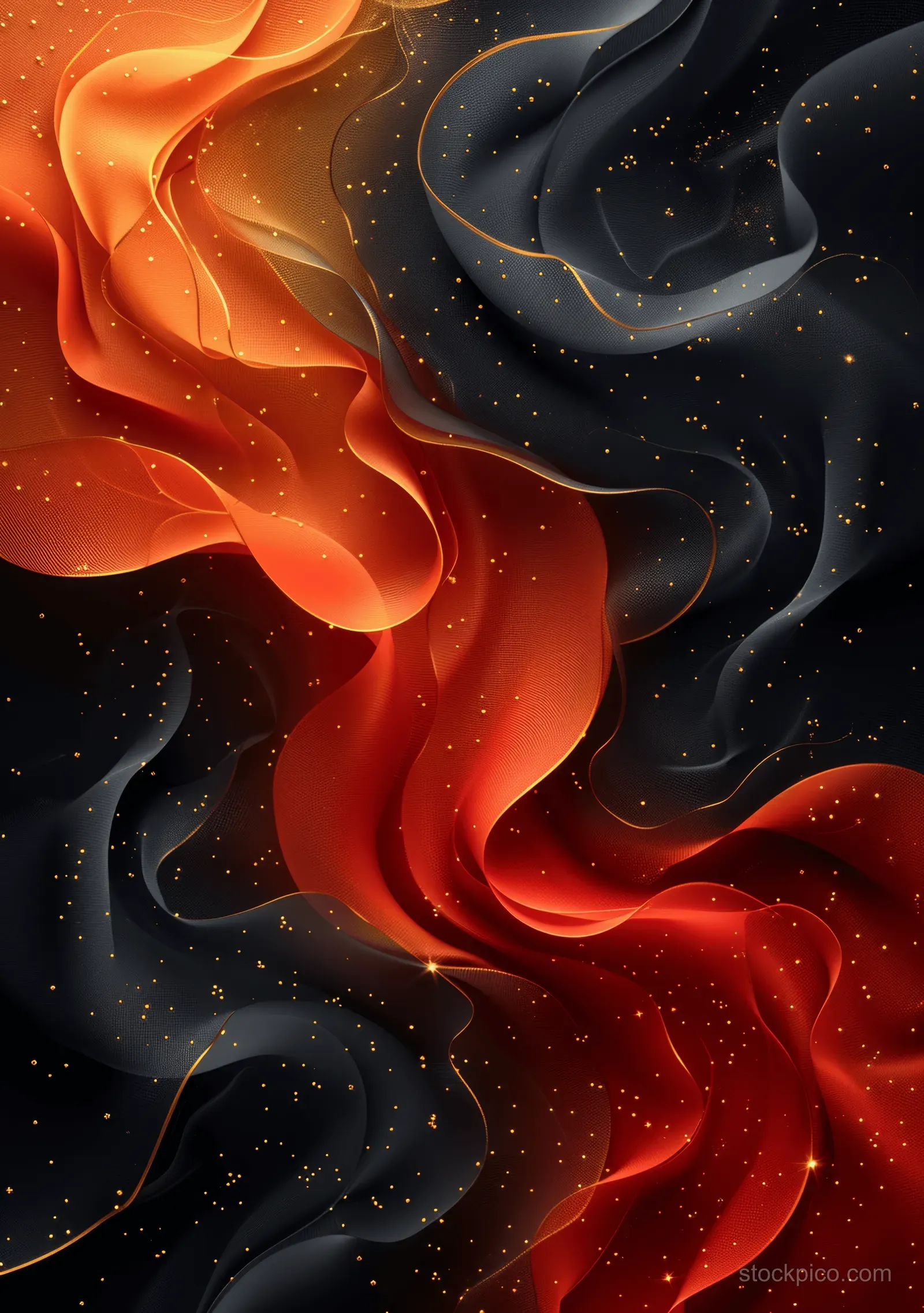 Elegant abstract background with flowing gold and red ribbons and intricate golden linework on dark accents.
