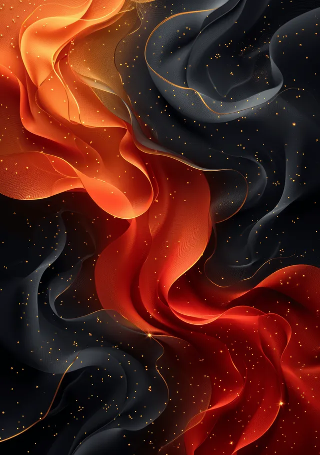 Elegant abstract background with flowing gold and red ribbons and intricate golden linework on dark accents.
