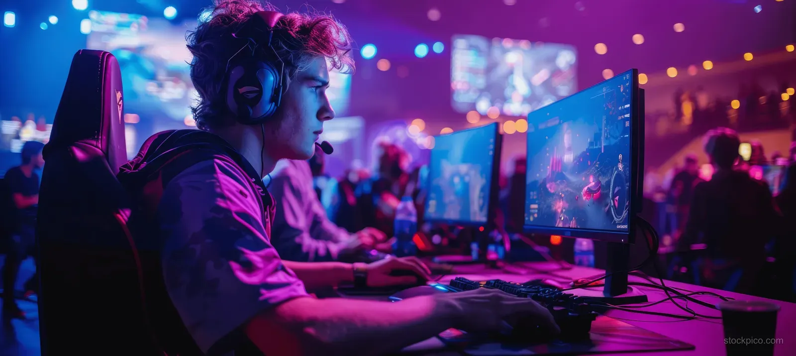 A pro gamer at a PC station competes on a festival stage with purple lighting and multiple monitors.