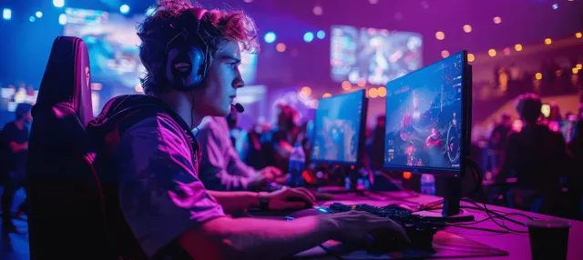 Pro gamer at PC station competing on a festival stage under vivid purple lighting
