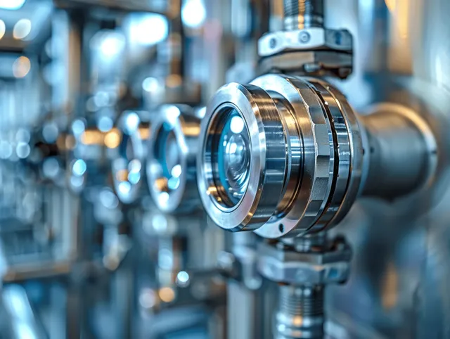 Macro close-up of a metallic inspection device lens assembly with a blurred laboratory background.