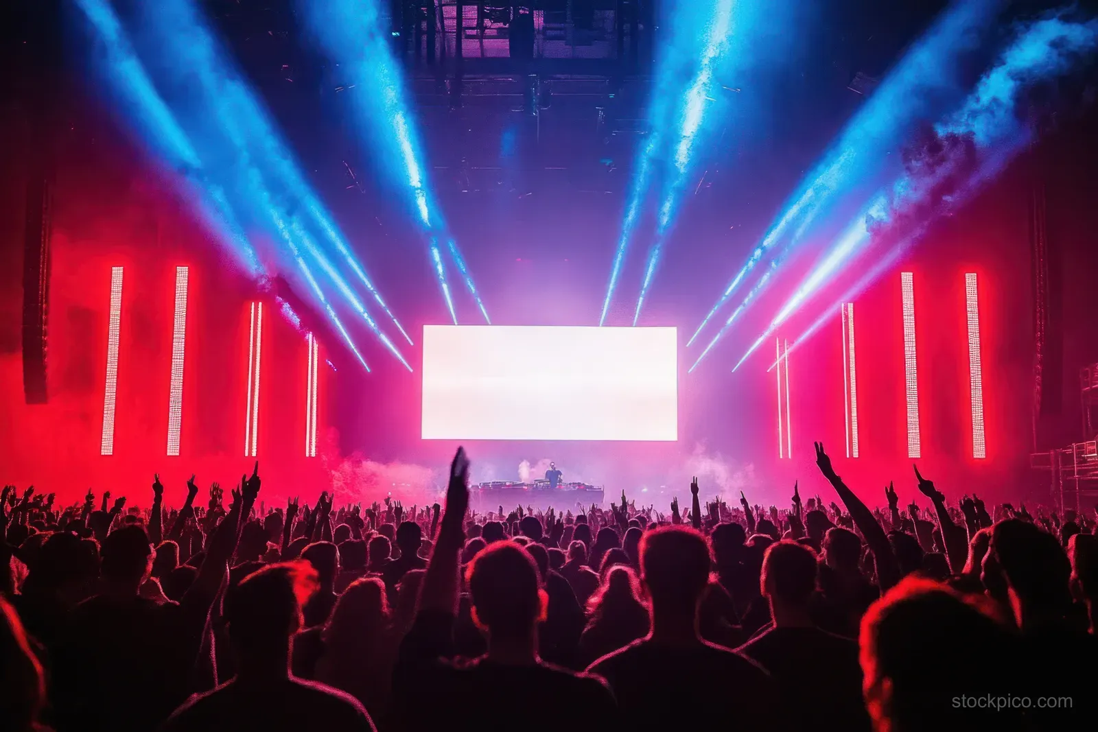 Crowd members raise their hands toward a concert stage with red and blue light beams and smoky atmosphere.