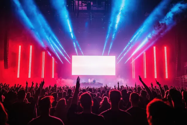 Crowd members raise their hands toward a concert stage with red and blue light beams and smoky atmosphere.