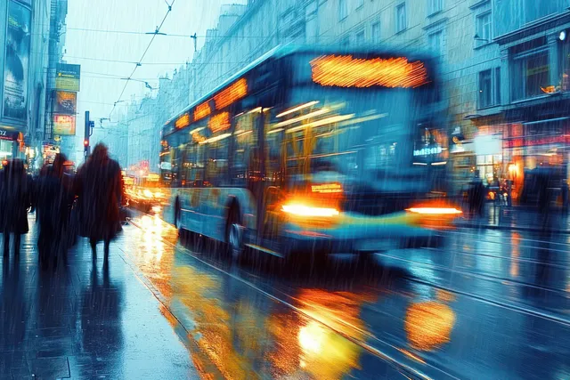 A blurred bus moves through heavy rain as people walk on a wet city street with light reflections.