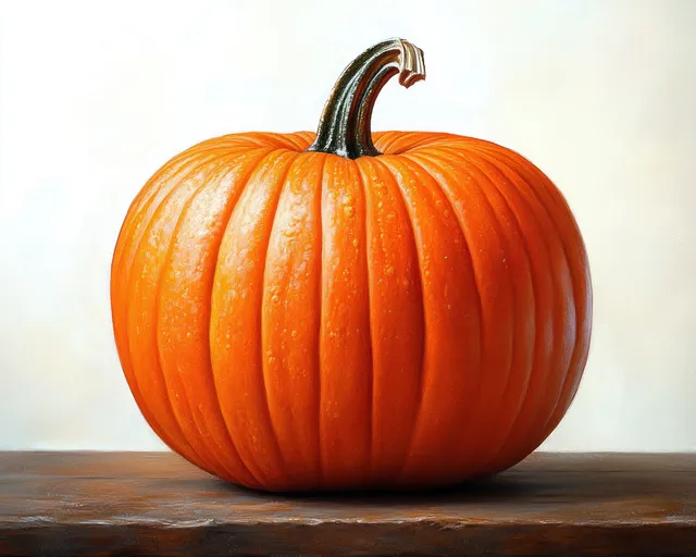 An orange pumpkin with textured ridges rests on a wooden table under soft autumn lighting.