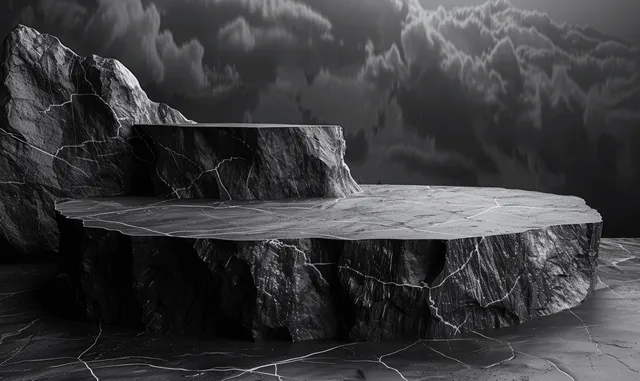 Black marble podium on dark rock steps for minimalist product display, dramatic lighting