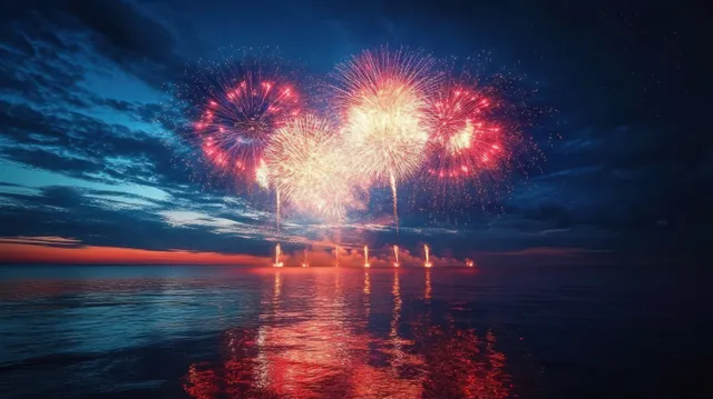 Red and yellow fireworks burst above calm ocean water at dusk with colorful reflections under cloudy twilight.