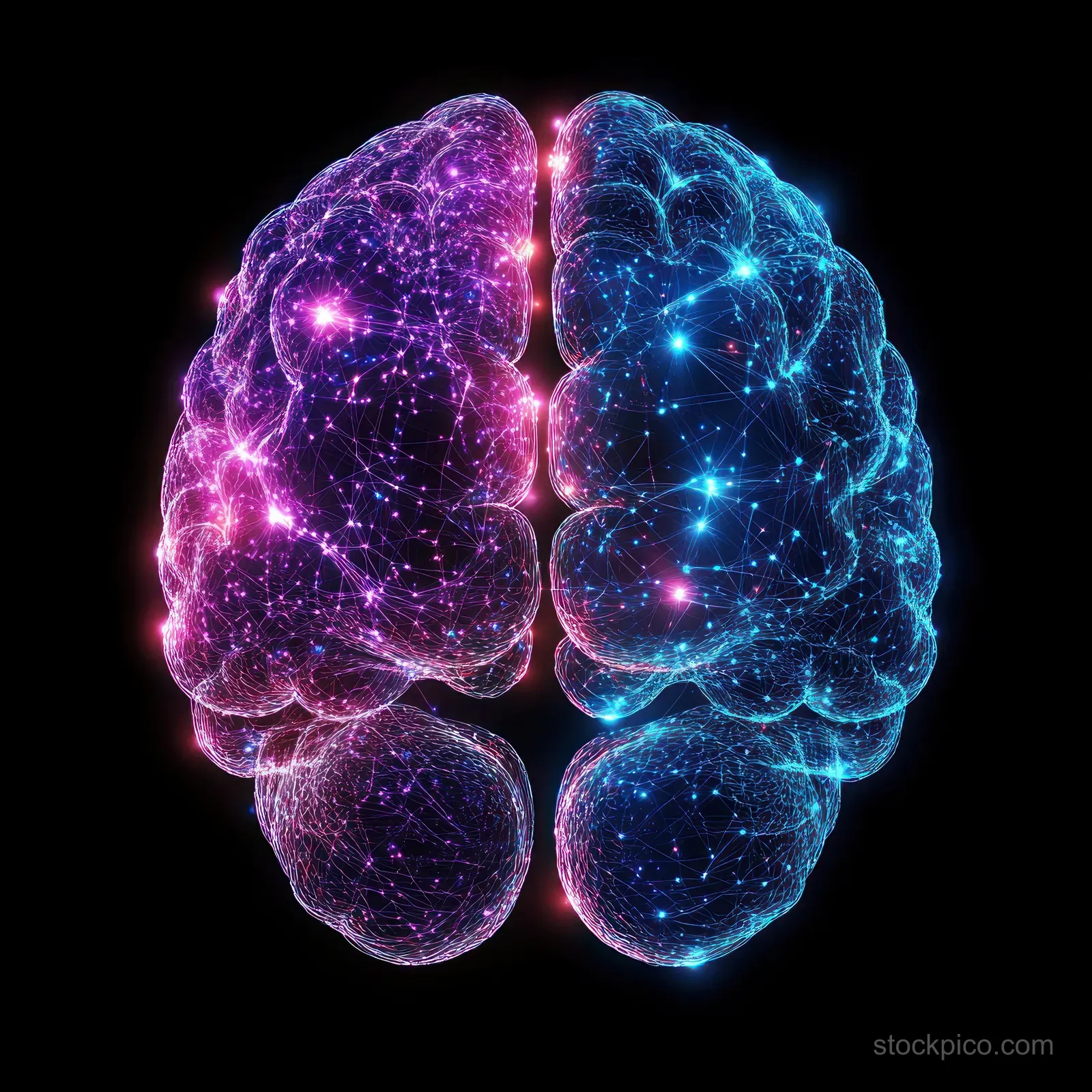 A split glowing digital brain with purple and blue neural network connections on a black background.