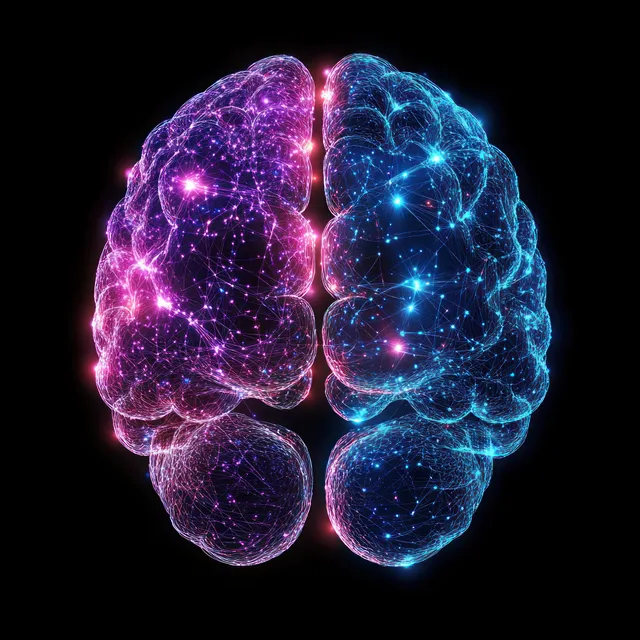 A split glowing digital brain with purple and blue neural network connections on a black background.