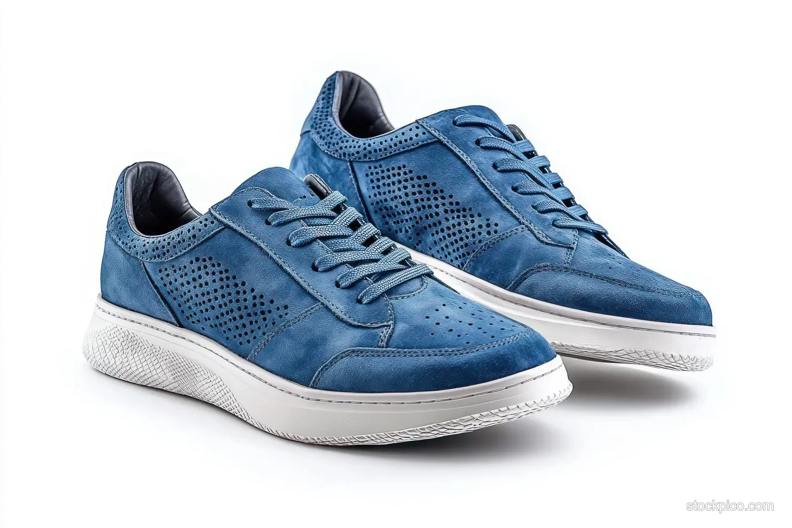Pair of blue perforated suede lace-up sneakers with white rubber soles isolated on a white background.