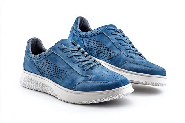 Pair of blue perforated suede lace-up sneakers with white rubber soles isolated on a white background.