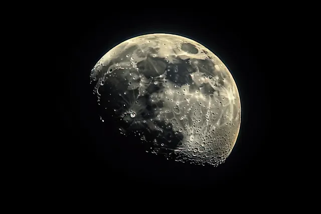 The Moon appears with visible craters and textured shadows against a dark night sky.