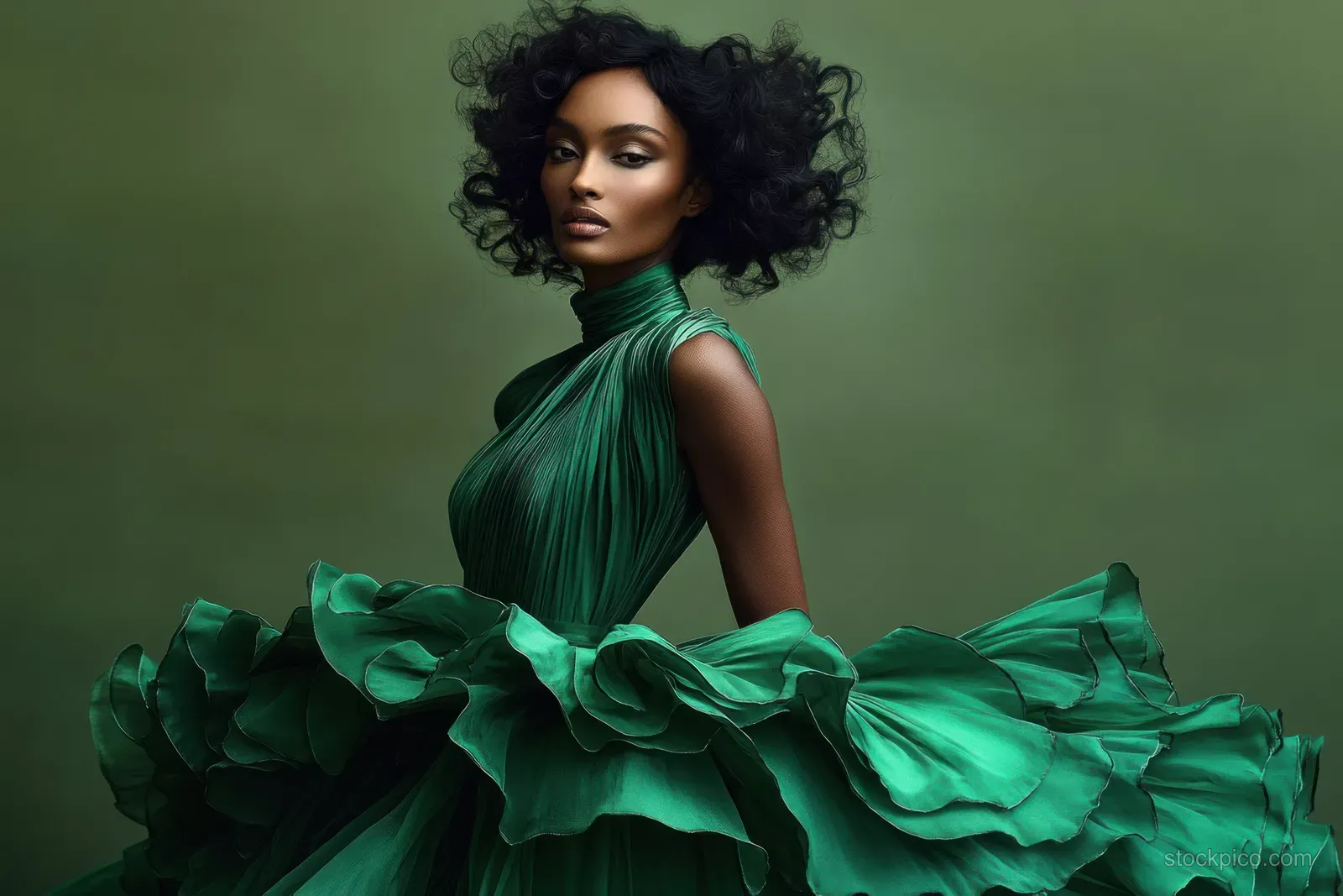 A Black woman poses in an emerald green ruffled gown against a soft green studio background.