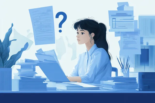 A young woman sits at a desk amid stacks of documents while floating pages and a question mark show uncertainty.