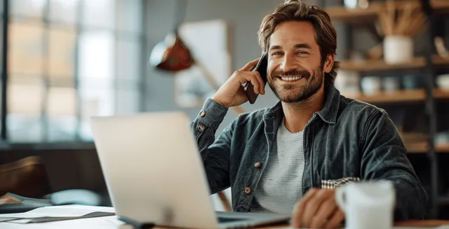 Smiling man sits at a desk using a laptop while holding a phone to his ear in a bright home office.