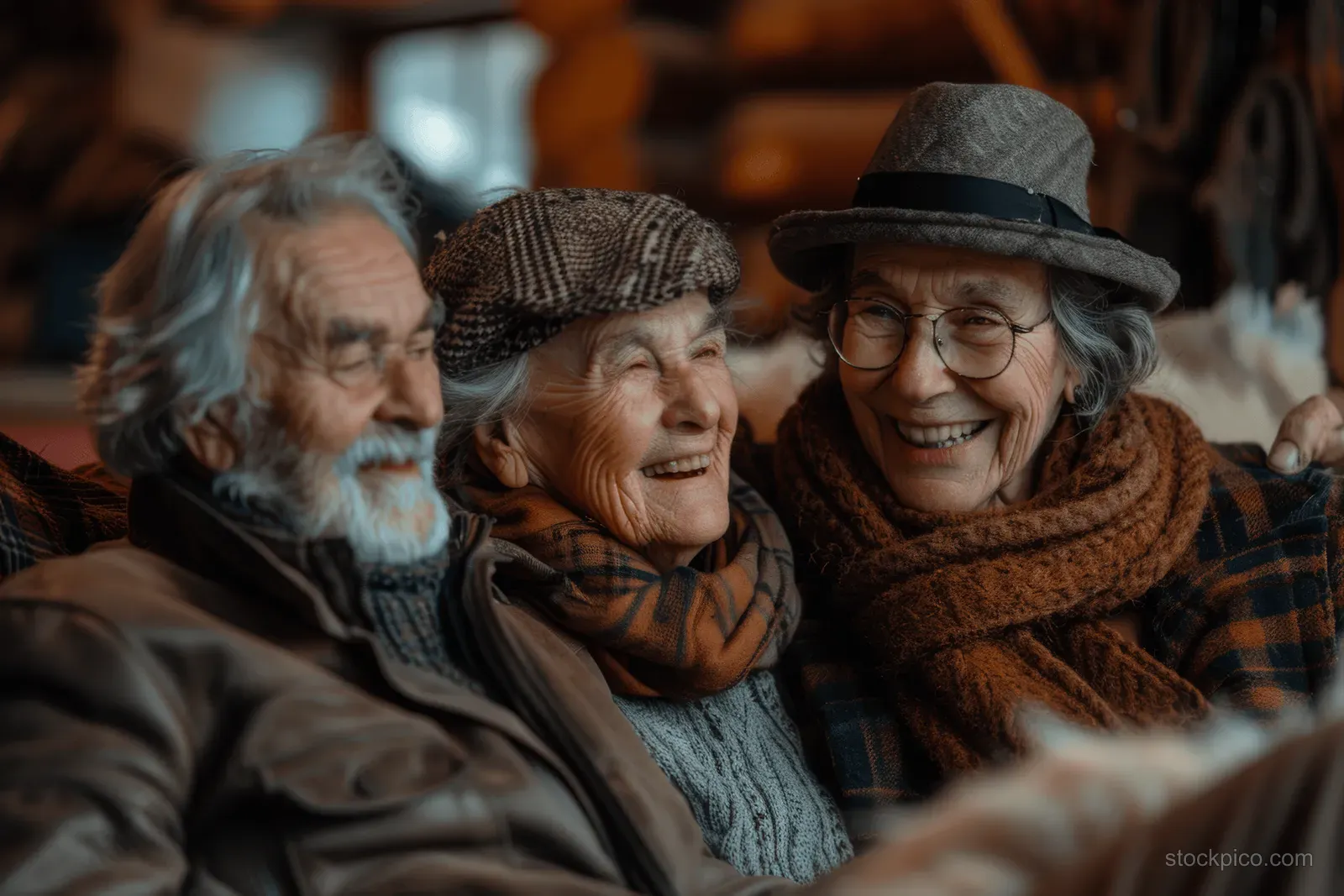 Seniors sit together playing cards and laughing in a cozy living room with warm lighting.