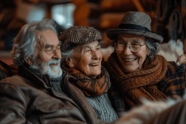 Seniors sit together playing cards and laughing in a cozy living room with warm lighting.