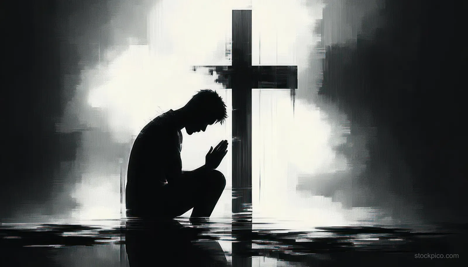 Silhouette of a kneeling man praying before a cross with a bright halo in a high-contrast scene.