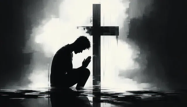 Silhouette of a kneeling man praying before a cross with a bright halo in a high-contrast scene.