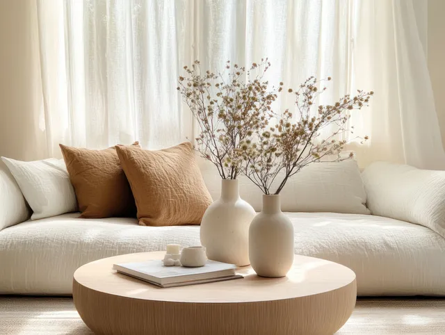 A bright living room shows a round coffee table with dried flower vases in front of a white sofa and sheer curtains.