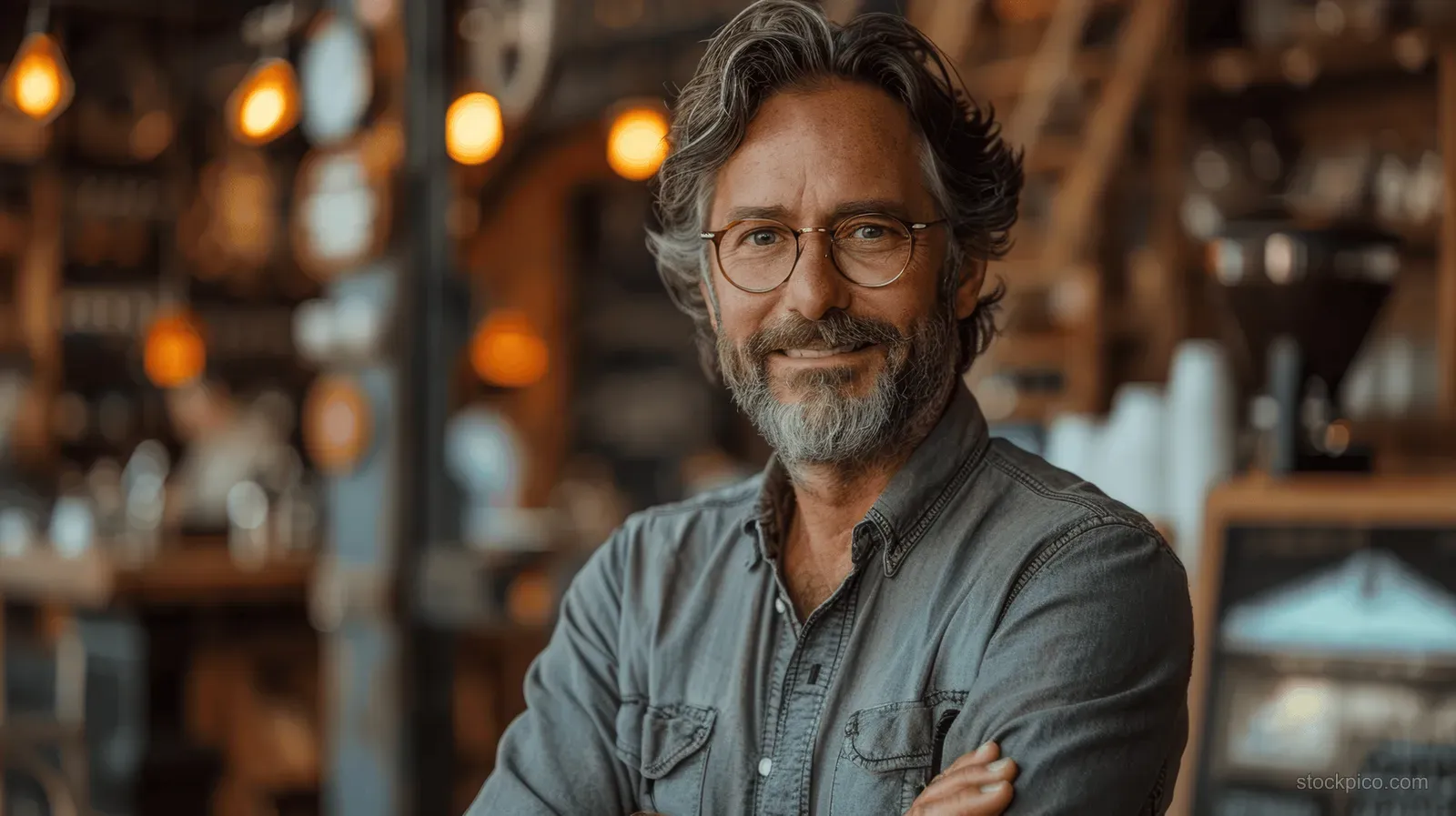 Smiling bearded man with glasses types on a laptop at a coffee shop table with warm background lights.