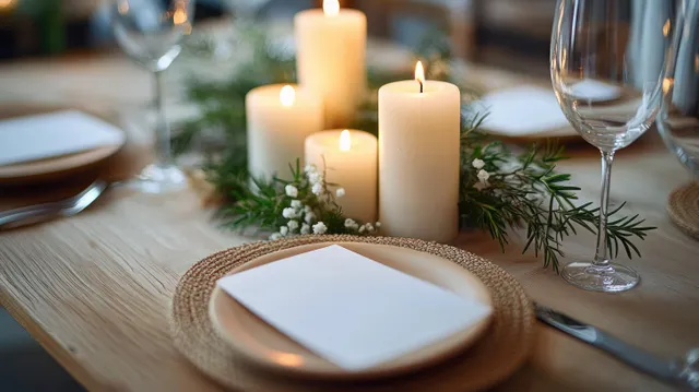 Rustic dining table set with candlelight, rosemary greenery, and blank menu card