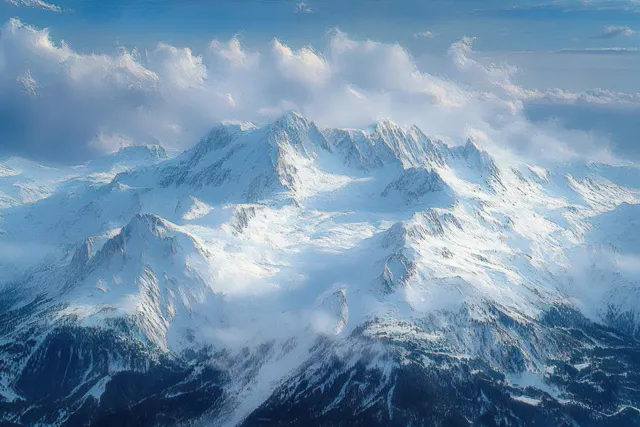 A stunning snowy mountain range rises under a blue sky, with mist enveloping the rugged peaks and casting deep alpine shadows.