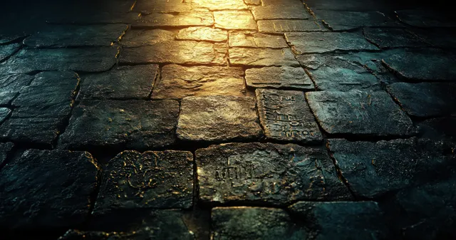 Weathered ancient Greek language inscription on stone pavement with aged golden light