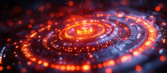 A glowing neon roulette wheel spins beneath fiery red and orange casino lights and blurred bokeh dots.